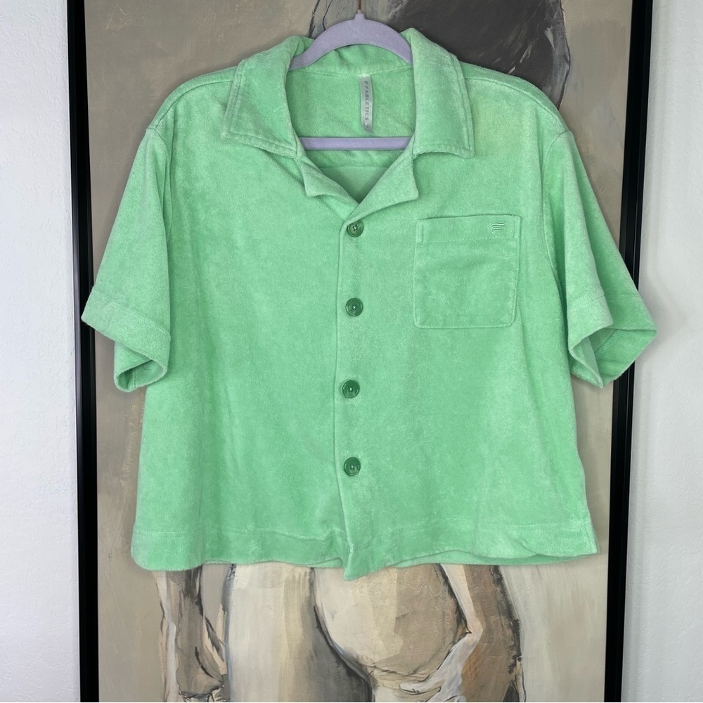 Fabletics Green Terry Cloth Lounge Button Up Crop Top